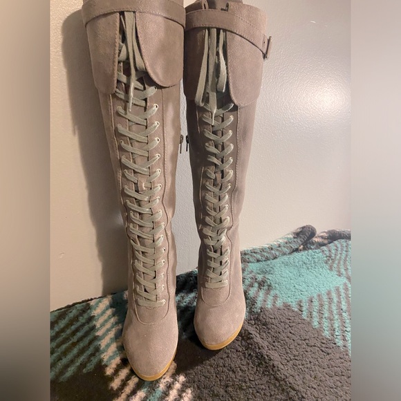 Charles David Gray Suede Lace up Knee High Bootss - Picture 2 of 10